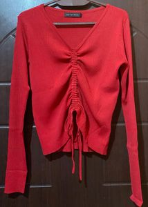 Ribbed Tie Detail Red Top
