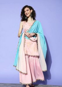 Elegant Pink & Blue Sharara Suit Set