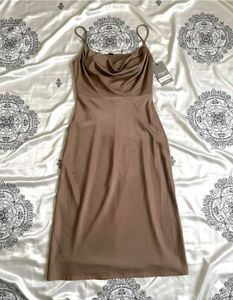 With Tag Elegant Brown Cowl Neck Dress