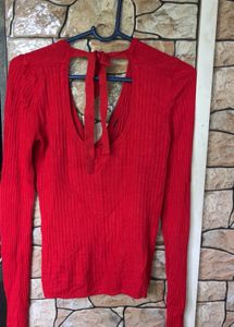 Red Ribbed Knit Top with Tie Back