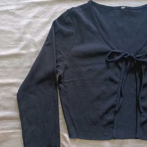 Ribbed Tie-Front Long Sleeve Top