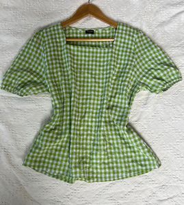 Green Gingham Square Neck Top