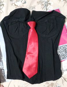Chic Black Corset Top with Red Tie Detail