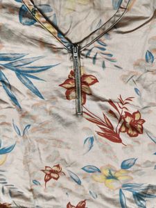 Women Beige Floral Printed Front Zip Casual Top