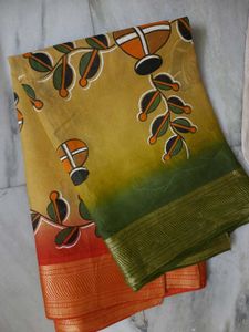 Beautiful Hand Painted Yellow &amp; Olive Green Sari