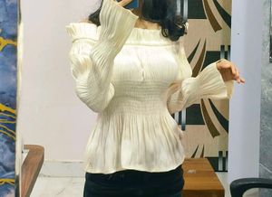 Cream Smocked Long Sleeve Blouse