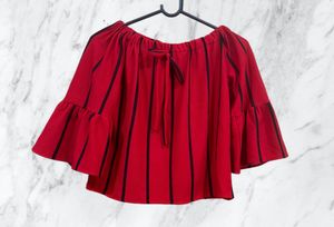 Red &amp; Black Off-Shoulder Crop Top With Bell Sleeve