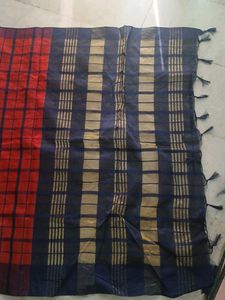 Red &amp; Blue Checked Art silk saree