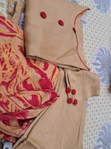 Beige &amp; Red Salwar Kameez Set