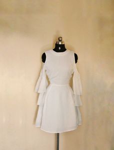 White Cold Shoulder Ruffle Dress