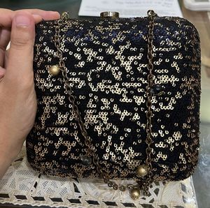 Sequins Hard Black Clutch Bag With Chain
