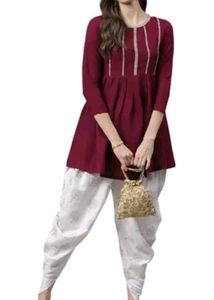 Dark Maroon  Short Round Kurti With Dhoti Pant
