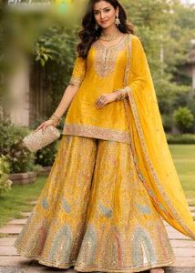 year ending offer Yellow Embroidered Sharara Suit