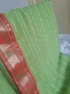 Green Chiffon Saree with Red stone blouse piece