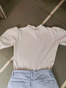 Combo Of White Puffed Sleve Top And Bell Bottom