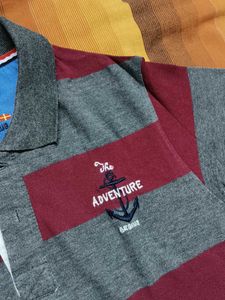Mast &amp; Harbour Men Grey Red Striped Polo Tshirt