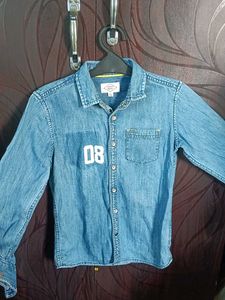 Denim Button-Up Shirt with &#39;08&#39; Graphic