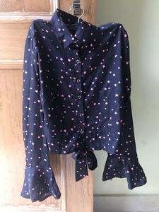 Front Open Hem Knot Crop Shirt With Bell Sleeves   Free Size Bust Upto 34