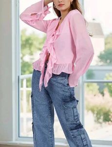 Pink Ruffle V-Neck Blouse