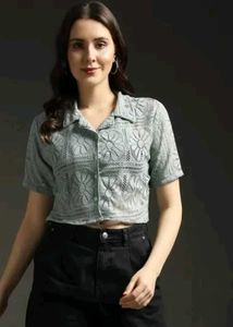Women's Cropped Lace Button Down
