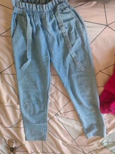 Light Blue High-Waisted Denim Paper Bag Pants