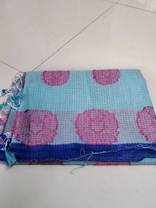 Light Blue Checked Cotton Saree ..