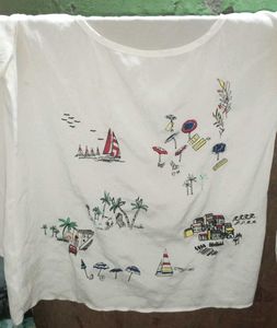 White T-Shirt with Beach Print