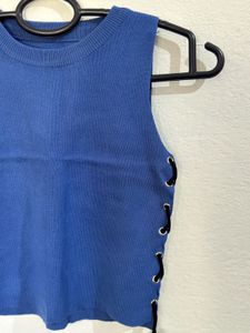 Trendy Blue Knit Sleeveless Top with Side Tie