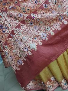 GentlyUsed MustardTusserSilk Saree withFloralBlous