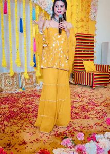 Mustard Off Shoulder Embroidered Kurti
