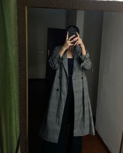 Plaid Grey Check Double Breasted Trench Coat