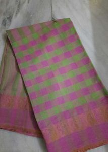 Pink &amp; Green Tant Cotton Checkered Saree