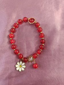 Red Beaded Daisy Charm Bracelet