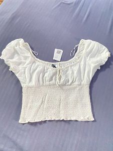 H&amp;M White Smocked Crop Top