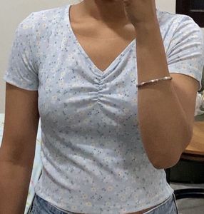 Light Blue Floral Ribbed Crop Top