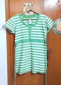 BARE DENIM Green Striped Casual Top