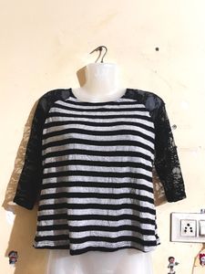 Striped Top with Lace Sleeves