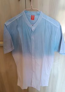 Men/Unisex Mandarin Collar Half Sleeve Jean Blue And White Shaded Shirt Size - 40