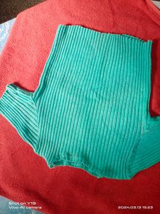 Sea Green Ribbed Nit Tops For Women