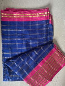 Blue & Pink Checked Saree