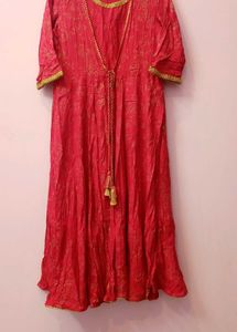 Red Printed A Line With Jacket Kurta