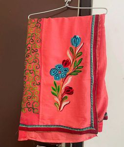 Coral Pink Saree with Floral Embroidery + Blouse