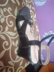 Black Patent Leather Wedge Sandals