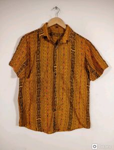 Yellow and Brown Ikat Print Half Sleeve Button Dow