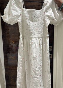White Long  Dress With Cherry Print