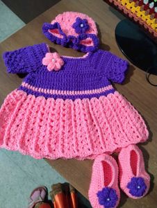 Crochet Baby Dress with Hat & Booties