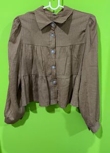 Brown Tiered Button-Down Blouse