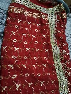 Bridal Georget Maroon Saari With Lacy Border Prepared With Stitched Blouse
