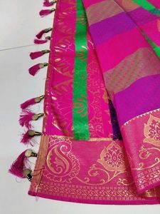 Rose With Green Emboss Silk Saree .
