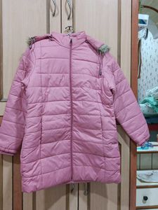 Mauve Puffer Coat with Faux Fur Hood